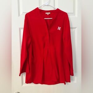 Nebraska Red Women's Tunic with Split V-Neck and Embroidered N